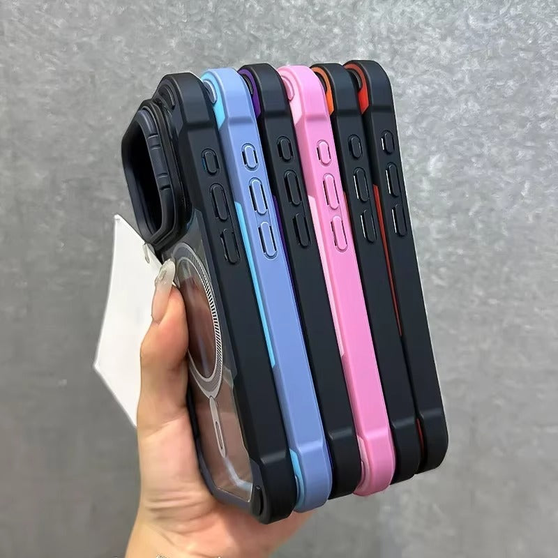 Luxury iPhone Case — Magnetic Shockproof Armor Bumper with Foldable Lens Stand Protection, Matte Anti-Fingerprint Finish, Secure Grip and Wireless-Charging Compatible Design