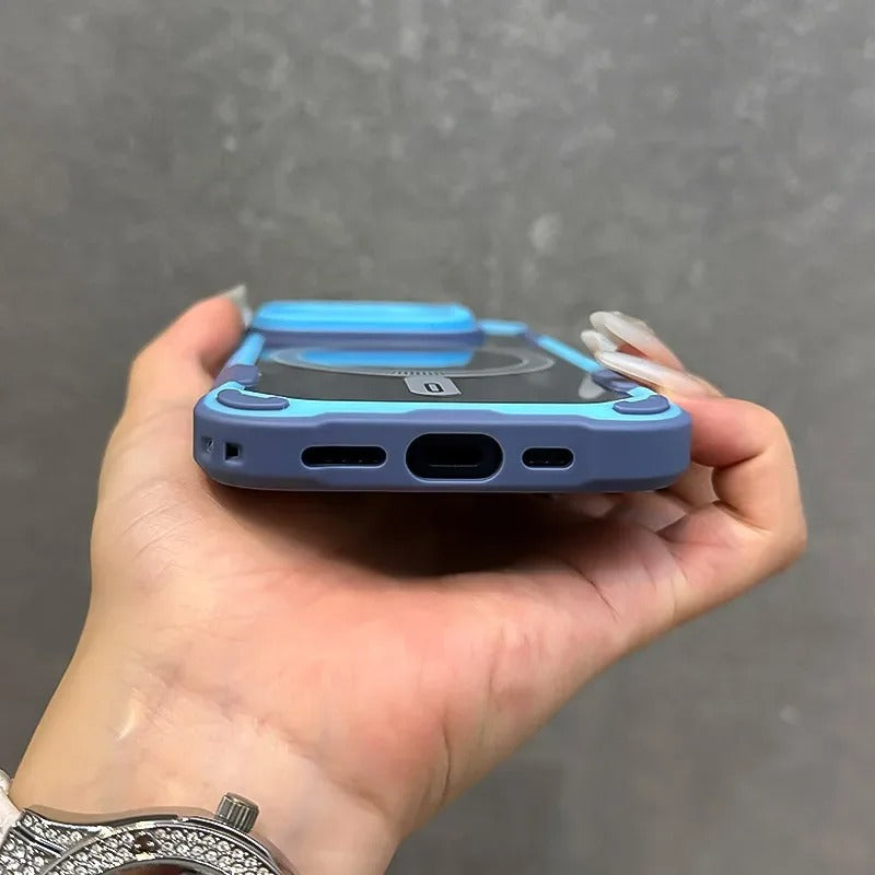 Luxury iPhone Case — Magnetic Shockproof Armor Bumper with Foldable Lens Stand Protection, Matte Anti-Fingerprint Finish, Secure Grip and Wireless-Charging Compatible Design