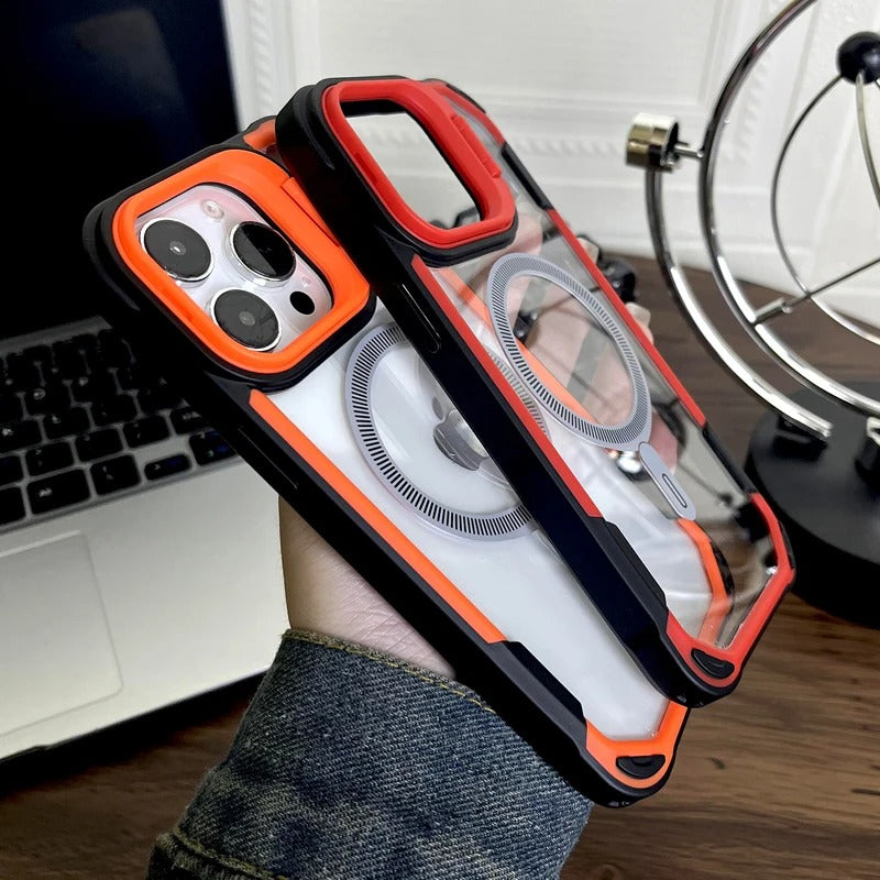 Luxury iPhone Case — Magnetic Shockproof Armor Bumper with Foldable Lens Stand Protection, Matte Anti-Fingerprint Finish, Secure Grip and Wireless-Charging Compatible Design