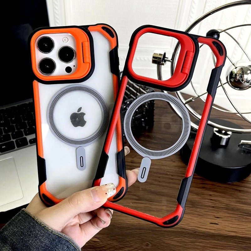 Luxury iPhone Case — Magnetic Shockproof Armor Bumper with Foldable Lens Stand Protection, Matte Anti-Fingerprint Finish, Secure Grip and Wireless-Charging Compatible Design
