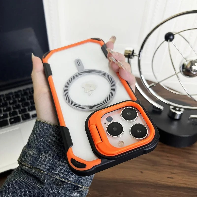 Luxury iPhone Case — Magnetic Shockproof Armor Bumper with Foldable Lens Stand Protection, Matte Anti-Fingerprint Finish, Secure Grip and Wireless-Charging Compatible Design