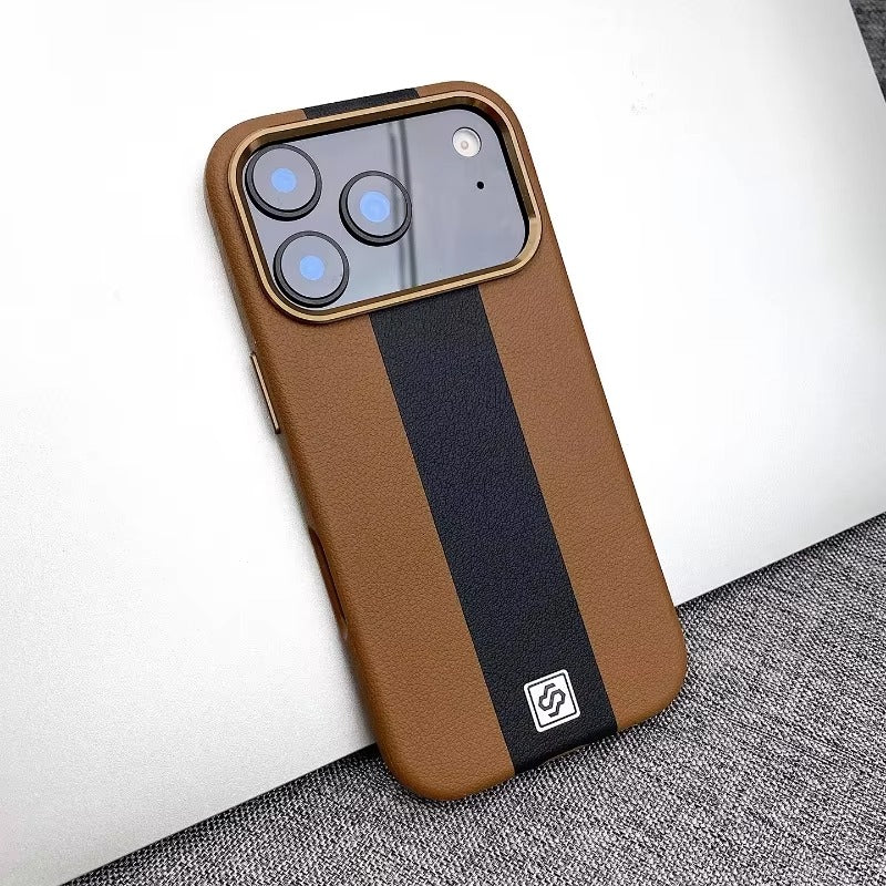 Luxury Magnetic Shockproof iPhone Case — Splicing Leather Design, Wireless Charging Compatible, Matte Anti-Fingerprint Hard Cover with Kickstand & Secure Grip