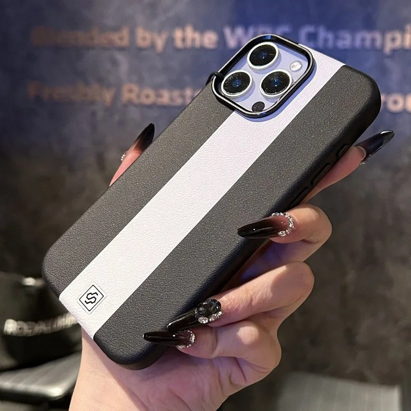 Luxury Magnetic Shockproof iPhone Case — Splicing Leather Design, Wireless Charging Compatible, Matte Anti-Fingerprint Hard Cover with Kickstand & Secure Grip