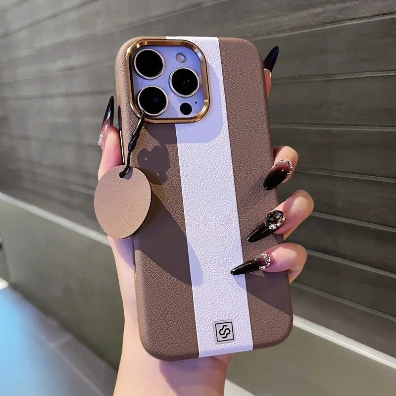 Luxury Magnetic Shockproof iPhone Case — Splicing Leather Design, Wireless Charging Compatible, Matte Anti-Fingerprint Hard Cover with Kickstand & Secure Grip