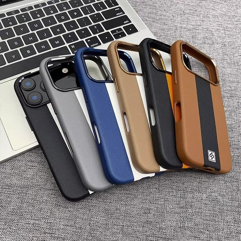 Luxury Magnetic Shockproof iPhone Case — Splicing Leather Design, Wireless Charging Compatible, Matte Anti-Fingerprint Hard Cover with Kickstand & Secure Grip