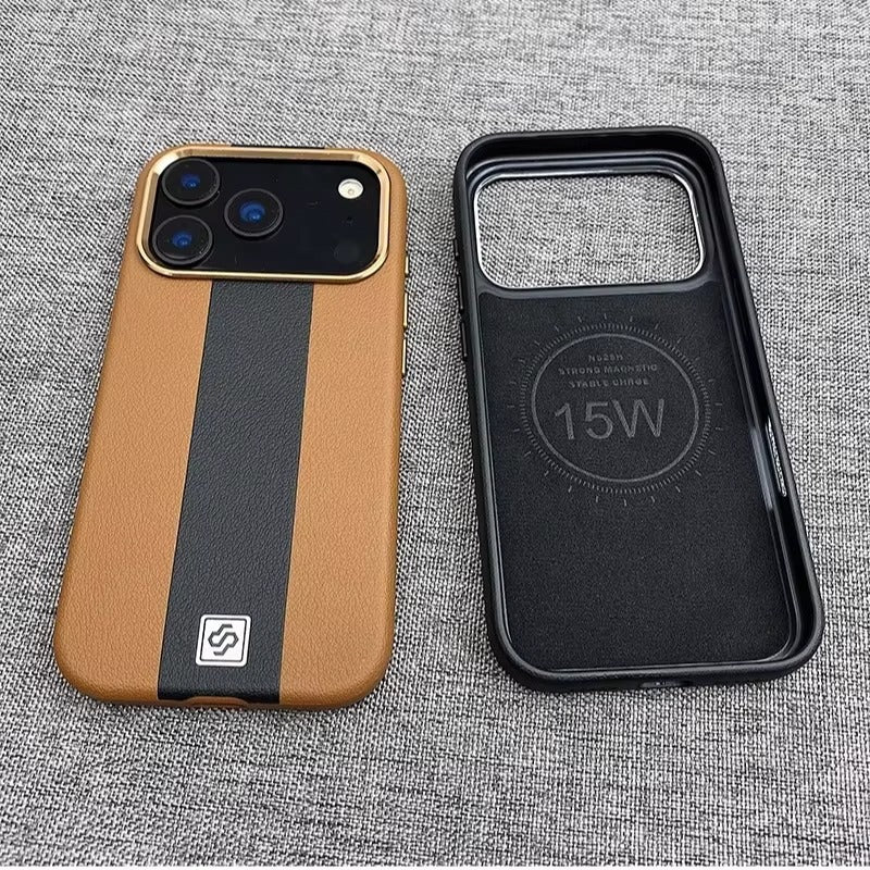 Luxury Magnetic Shockproof iPhone Case — Splicing Leather Design, Wireless Charging Compatible, Matte Anti-Fingerprint Hard Cover with Kickstand & Secure Grip