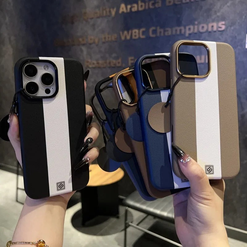 Luxury Magnetic Shockproof iPhone Case — Splicing Leather Design, Wireless Charging Compatible, Matte Anti-Fingerprint Hard Cover with Kickstand & Secure Grip