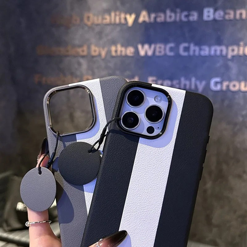 Luxury Magnetic Shockproof iPhone Case — Splicing Leather Design, Wireless Charging Compatible, Matte Anti-Fingerprint Hard Cover with Kickstand & Secure Grip