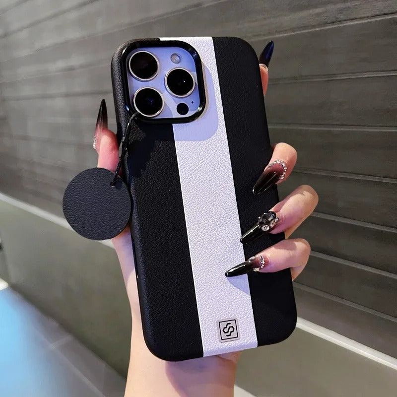 Luxury Magnetic Shockproof iPhone Case — Splicing Leather Design, Wireless Charging Compatible, Matte Anti-Fingerprint Hard Cover with Kickstand & Secure Grip