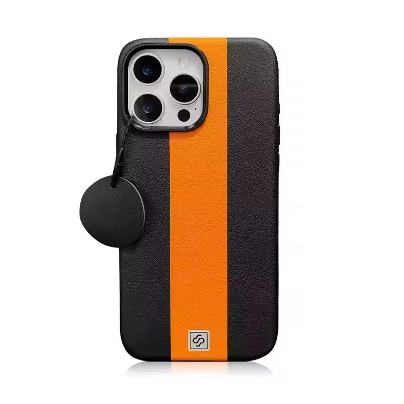 Luxury Magnetic Shockproof iPhone Case — Splicing Leather Design, Wireless Charging Compatible, Matte Anti-Fingerprint Hard Cover with Kickstand & Secure Grip