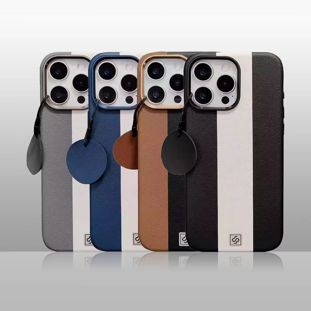 Luxury Magnetic Shockproof iPhone Case — Splicing Leather Design, Wireless Charging Compatible, Matte Anti-Fingerprint Hard Cover with Kickstand & Secure Grip