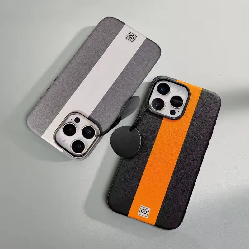 Luxury Magnetic Shockproof iPhone Case — Splicing Leather Design, Wireless Charging Compatible, Matte Anti-Fingerprint Hard Cover with Kickstand & Secure Grip