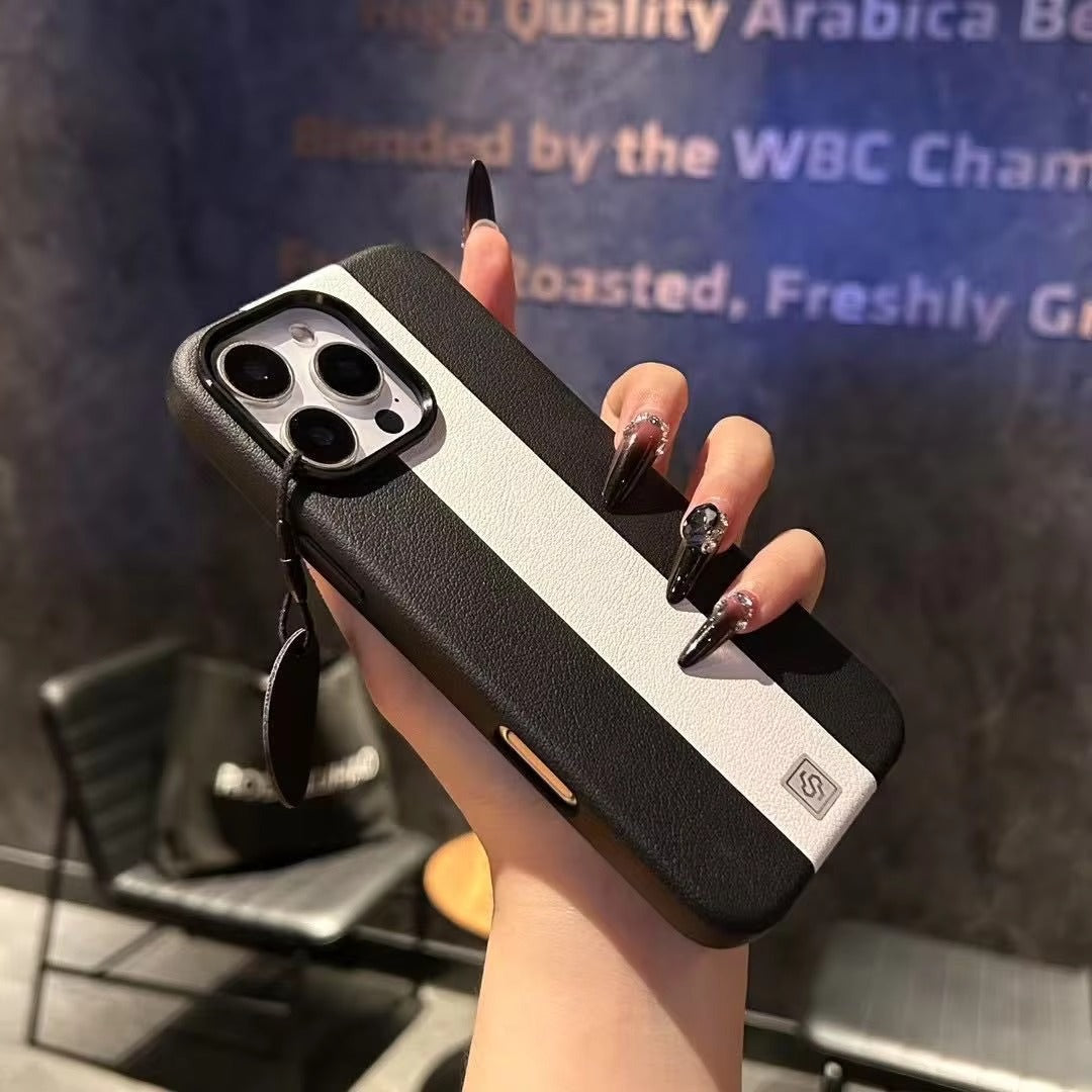 Luxury Magnetic Shockproof iPhone Case — Splicing Leather Design, Wireless Charging Compatible, Matte Anti-Fingerprint Hard Cover with Kickstand & Secure Grip