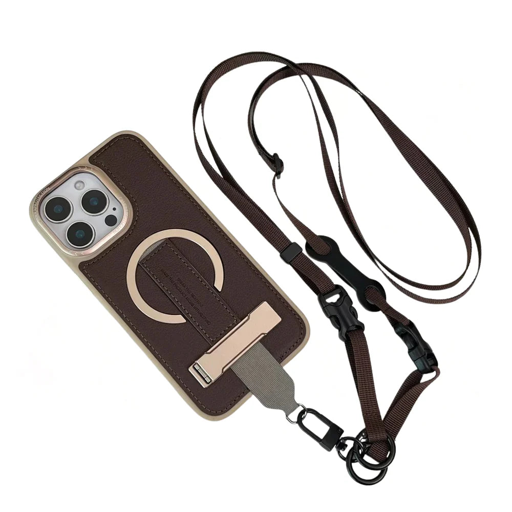Luxury Magnetic iPhone Case — Shockproof Leather Cover with Crossbody Wrist Strap Rope Holder, Bracket Stand, Full Lens & All-Around Protection