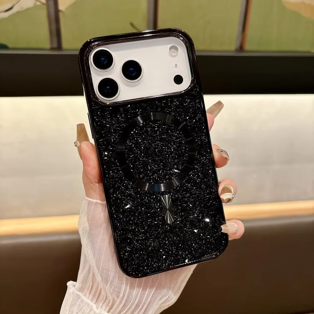 Luxury Magnetic iPhone Case with Glitter Diamond Plating — Shockproof PC Cover, Sparkling Edges, Anti-Scratch, Wireless Charging Compatible