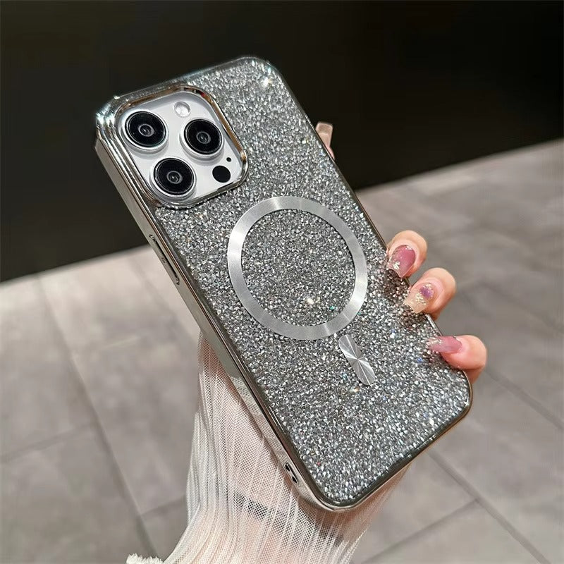 Luxury Magnetic iPhone Case with Glitter Diamond Plating — Shockproof PC Cover, Sparkling Edges, Anti-Scratch, Wireless Charging Compatible