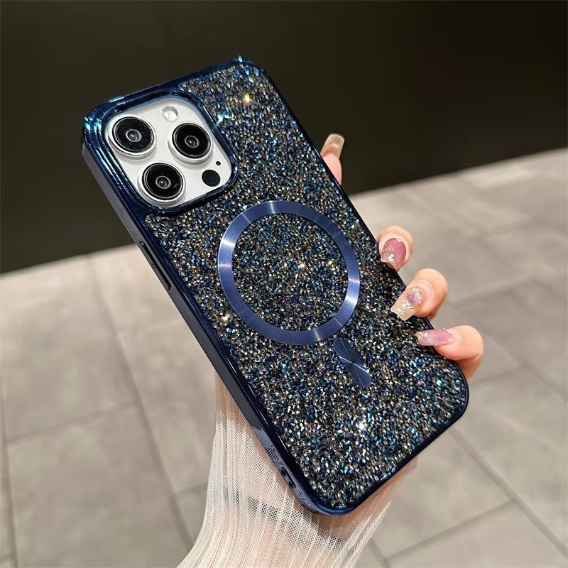 Luxury Magnetic iPhone Case with Glitter Diamond Plating — Shockproof PC Cover, Sparkling Edges, Anti-Scratch, Wireless Charging Compatible
