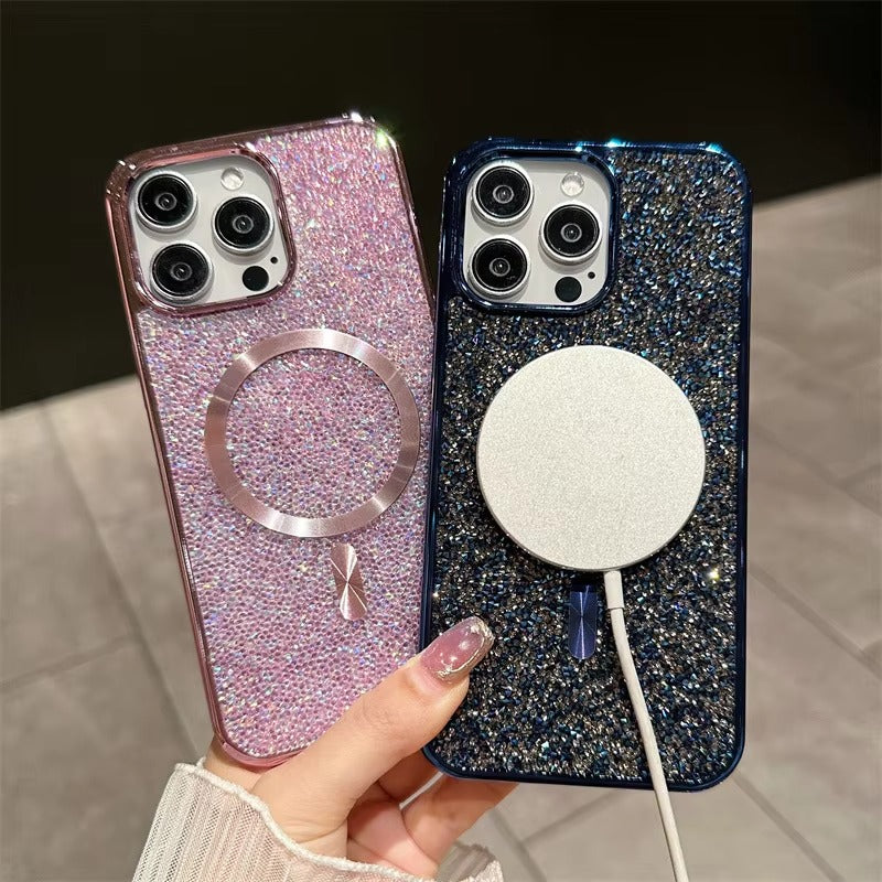 Luxury Magnetic iPhone Case with Glitter Diamond Plating — Shockproof PC Cover, Sparkling Edges, Anti-Scratch, Wireless Charging Compatible