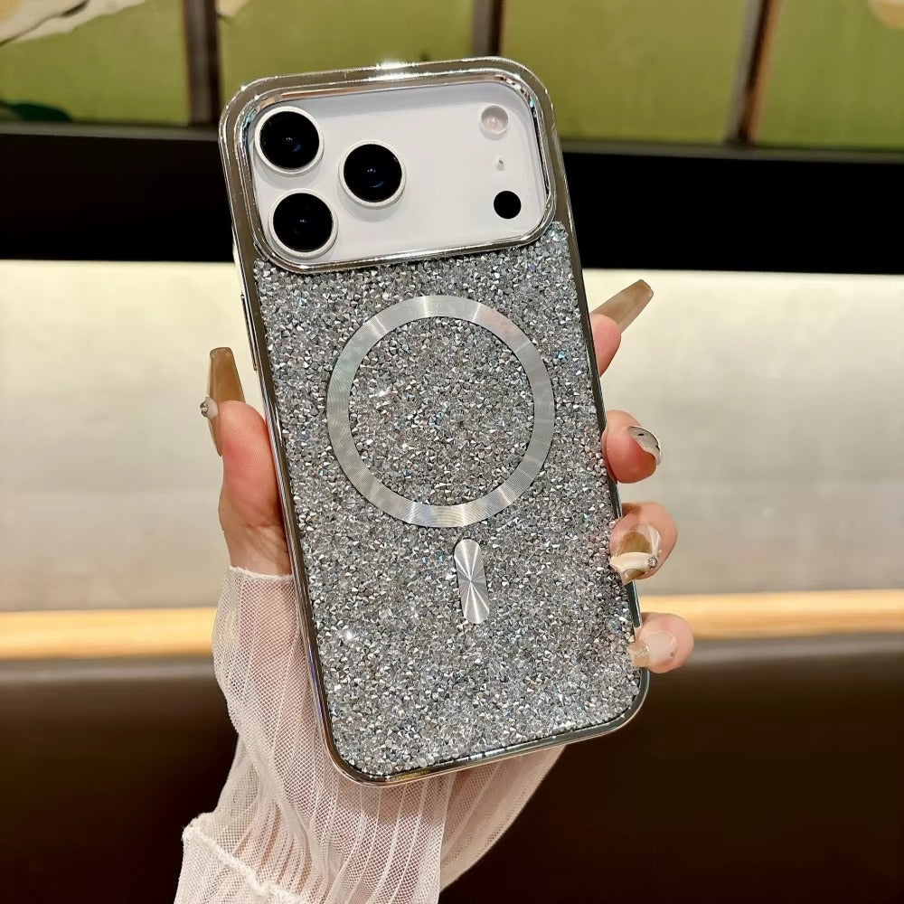 Luxury Magnetic iPhone Case with Glitter Diamond Plating — Shockproof PC Cover, Sparkling Edges, Anti-Scratch, Wireless Charging Compatible