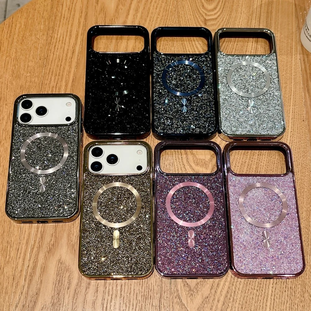 Luxury Magnetic iPhone Case with Glitter Diamond Plating — Shockproof PC Cover, Sparkling Edges, Anti-Scratch, Wireless Charging Compatible
