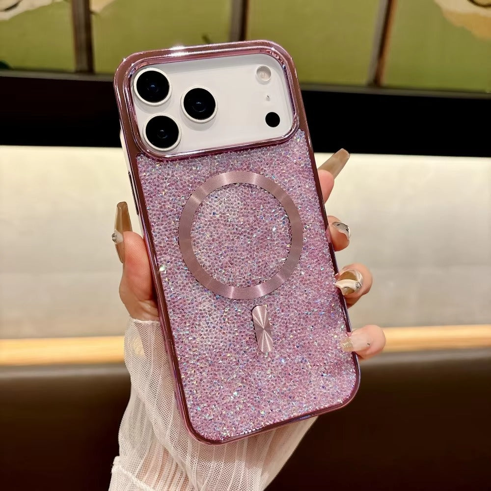 Luxury Magnetic iPhone Case with Glitter Diamond Plating — Shockproof PC Cover, Sparkling Edges, Anti-Scratch, Wireless Charging Compatible
