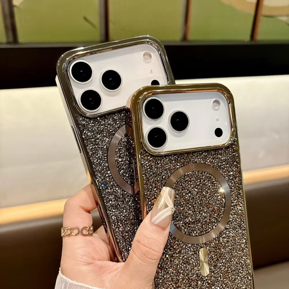 Luxury Magnetic iPhone Case with Glitter Diamond Plating — Shockproof PC Cover, Sparkling Edges, Anti-Scratch, Wireless Charging Compatible