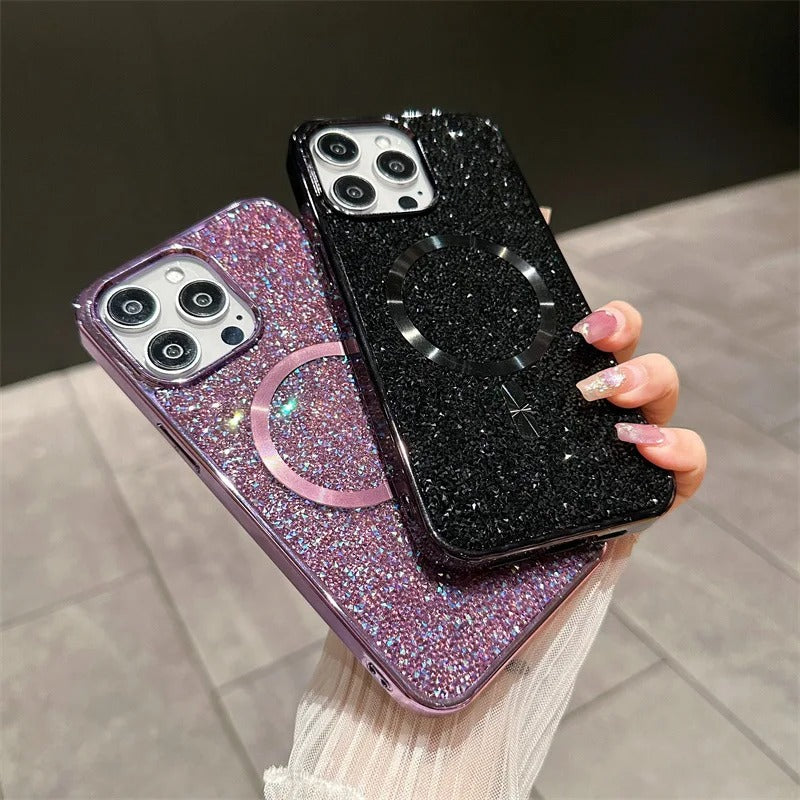 Luxury Magnetic iPhone Case with Glitter Diamond Plating — Shockproof PC Cover, Sparkling Edges, Anti-Scratch, Wireless Charging Compatible