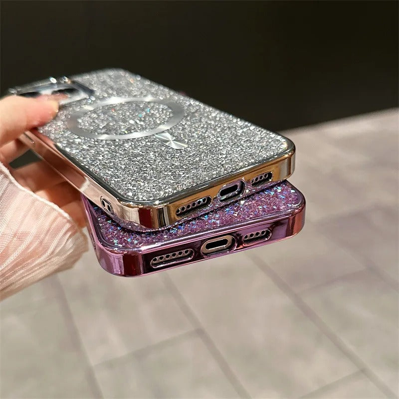 Luxury Magnetic iPhone Case with Glitter Diamond Plating — Shockproof PC Cover, Sparkling Edges, Anti-Scratch, Wireless Charging Compatible