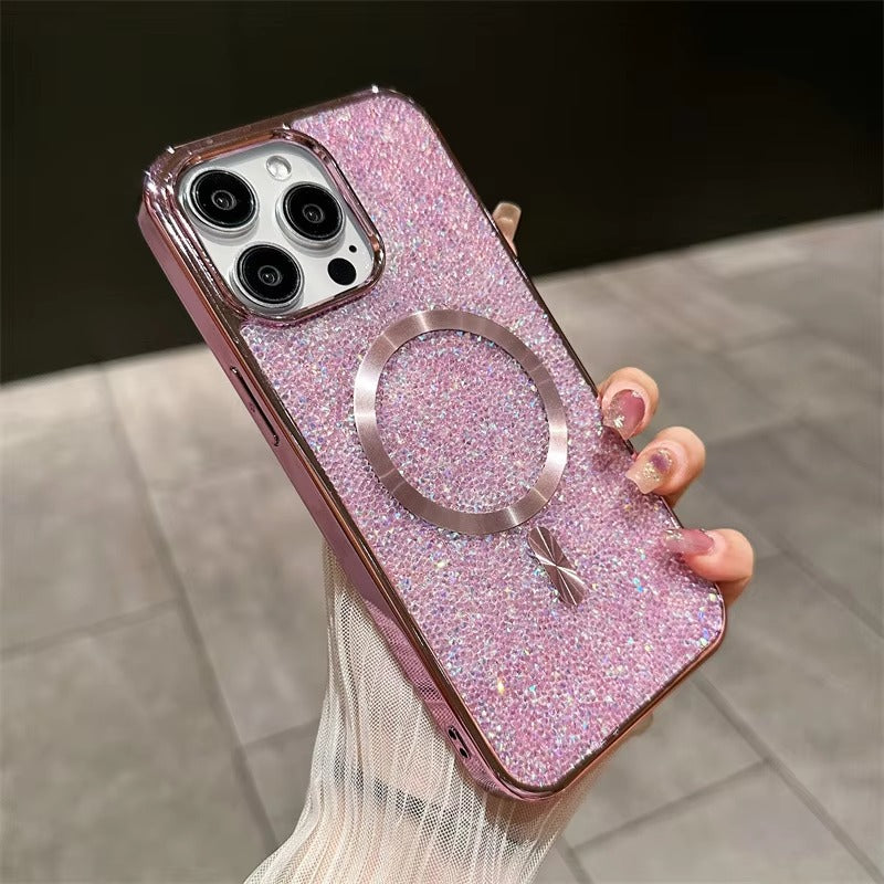 Luxury Magnetic iPhone Case with Glitter Diamond Plating — Shockproof PC Cover, Sparkling Edges, Anti-Scratch, Wireless Charging Compatible