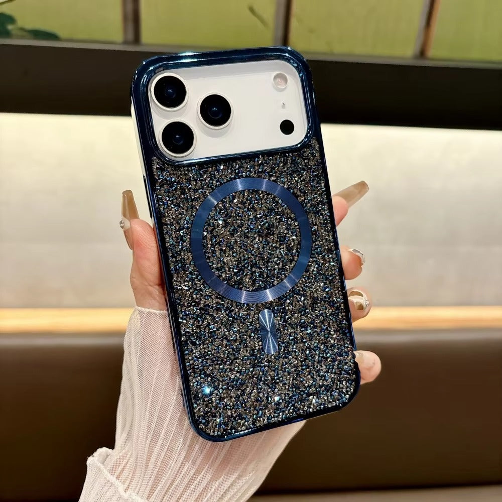 Luxury Magnetic iPhone Case with Glitter Diamond Plating — Shockproof PC Cover, Sparkling Edges, Anti-Scratch, Wireless Charging Compatible