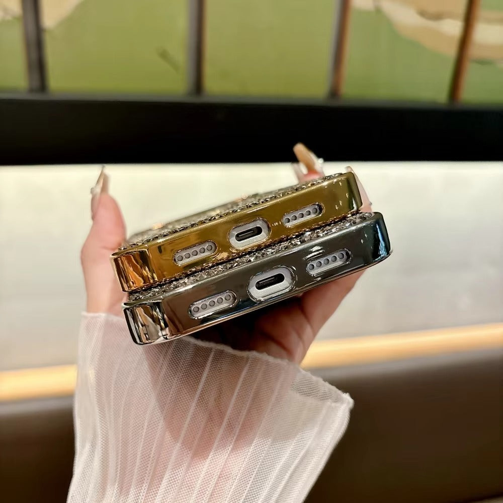 Luxury Magnetic iPhone Case with Glitter Diamond Plating — Shockproof PC Cover, Sparkling Edges, Anti-Scratch, Wireless Charging Compatible