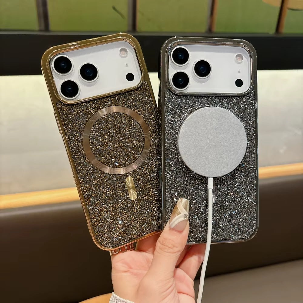 Luxury Magnetic iPhone Case with Glitter Diamond Plating — Shockproof PC Cover, Sparkling Edges, Anti-Scratch, Wireless Charging Compatible