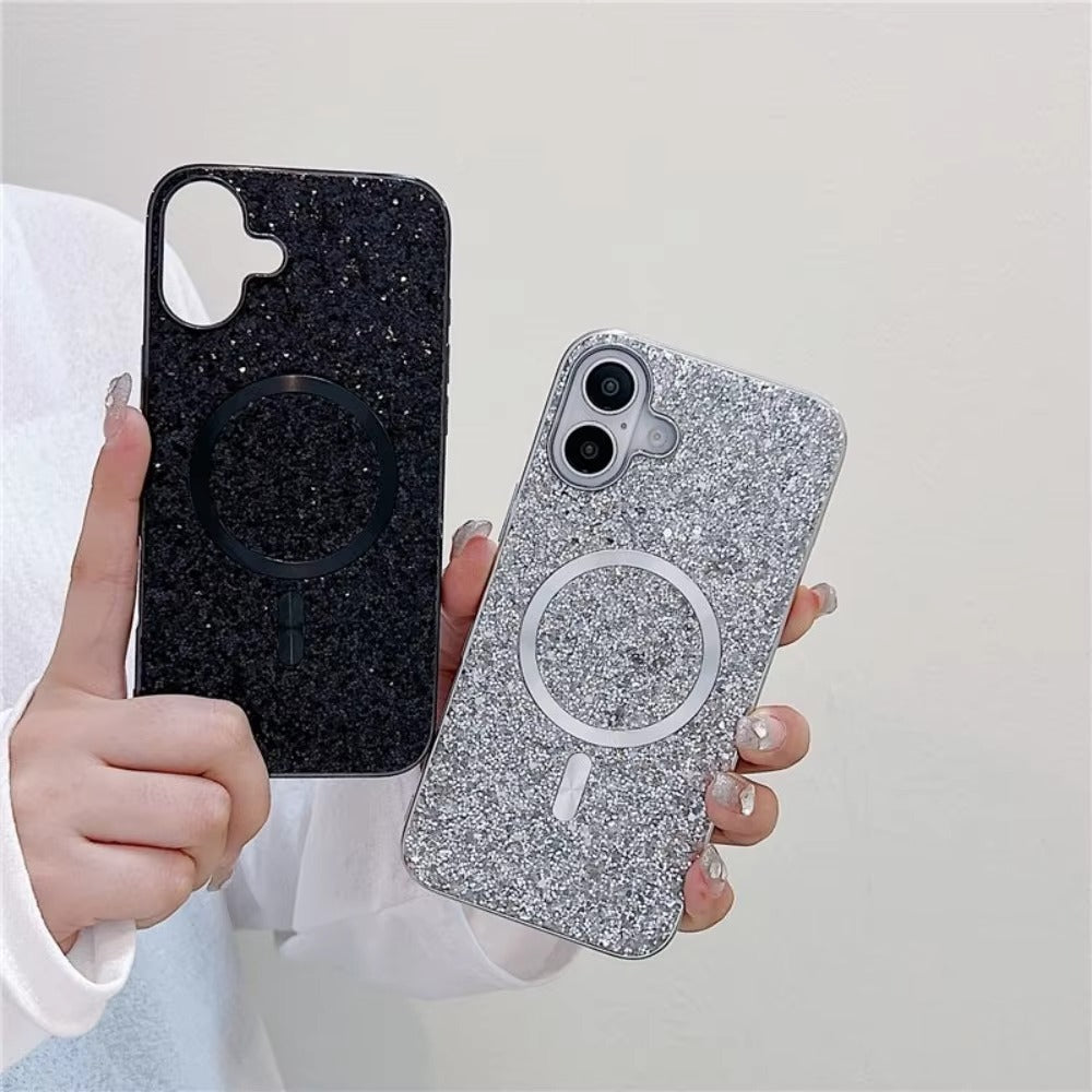 Luxury Magnetic iPhone Case with Glitter Diamond Plating — Shockproof PC Cover, Sparkling Edges, Anti-Scratch, Wireless Charging Compatible