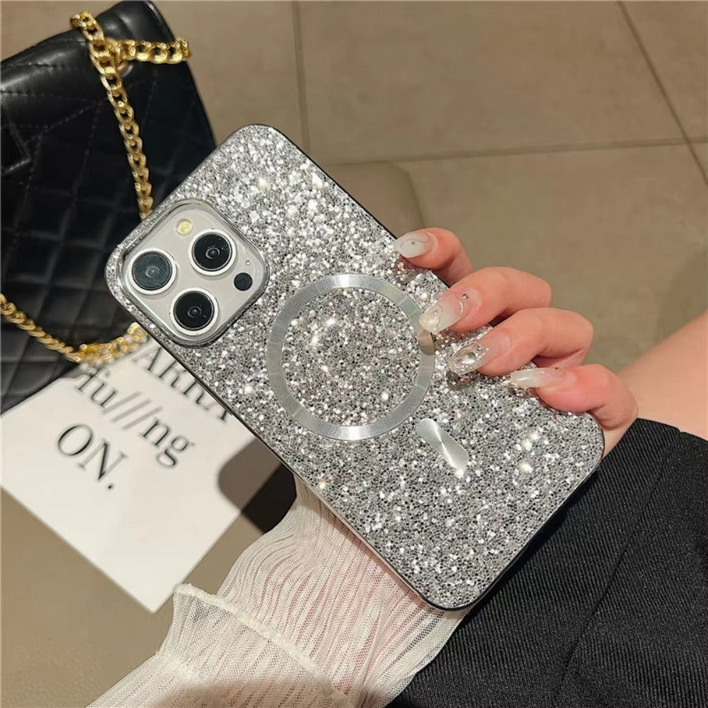 Luxury Magnetic iPhone Case with Glitter Diamond Plating — Shockproof PC Cover, Sparkling Edges, Anti-Scratch, Wireless Charging Compatible