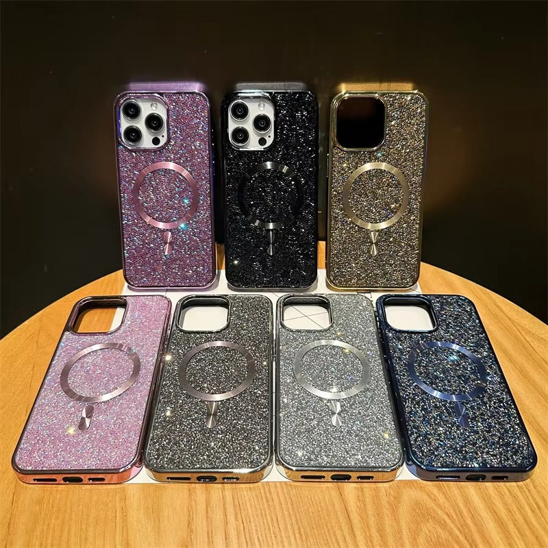 Luxury Magnetic iPhone Case with Glitter Diamond Plating — Shockproof PC Cover, Sparkling Edges, Anti-Scratch, Wireless Charging Compatible
