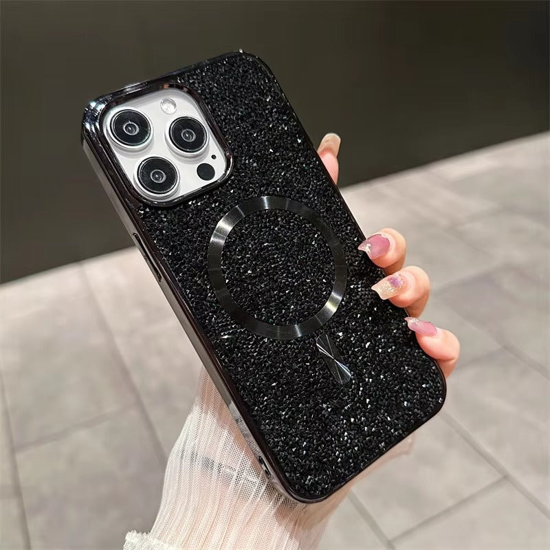 Luxury Magnetic iPhone Case with Glitter Diamond Plating — Shockproof PC Cover, Sparkling Edges, Anti-Scratch, Wireless Charging Compatible