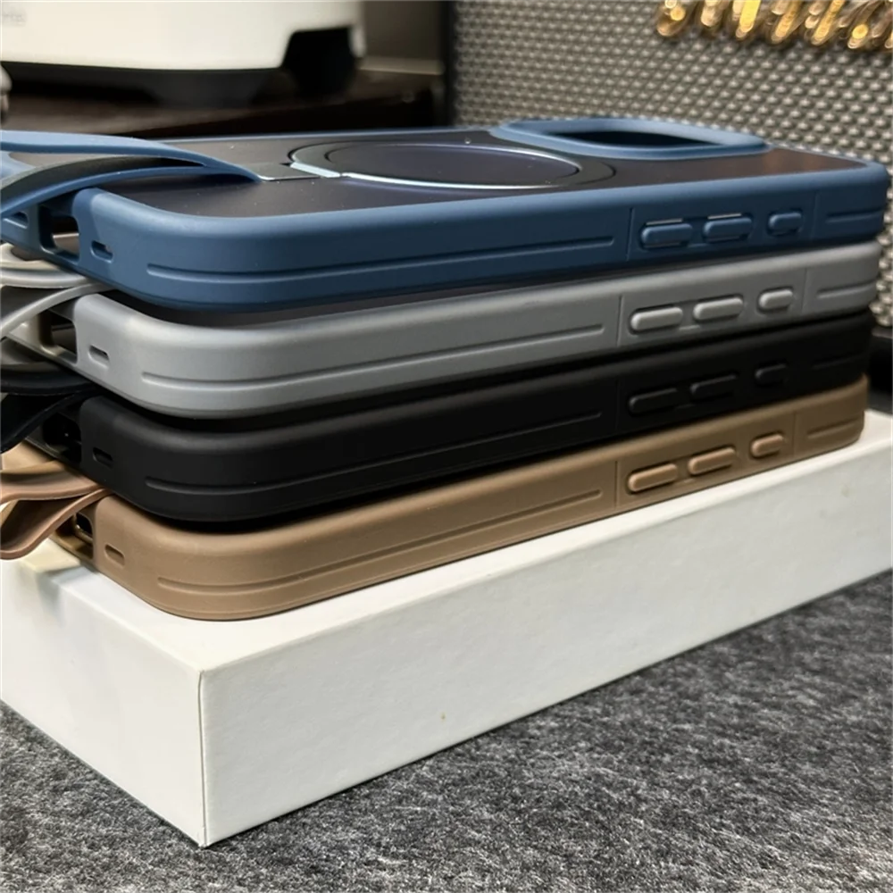 Luxury Magnetic iPhone Case with Strap and Stand — Matte Shockproof Cover, Non-Slip Grip, MagSafe Wireless Charging Ready, Textured Modern Design