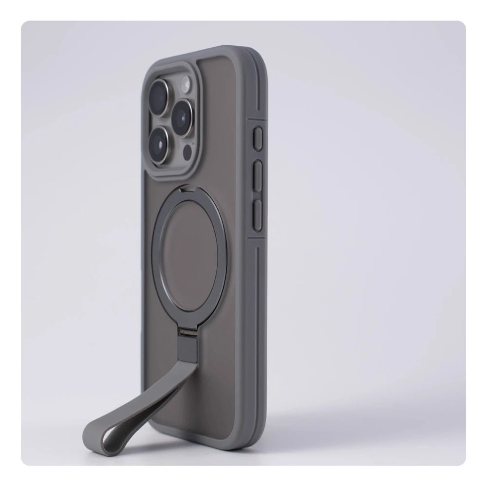 Luxury Magnetic iPhone Case with Strap and Stand — Matte Shockproof Cover, Non-Slip Grip, MagSafe Wireless Charging Ready, Textured Modern Design