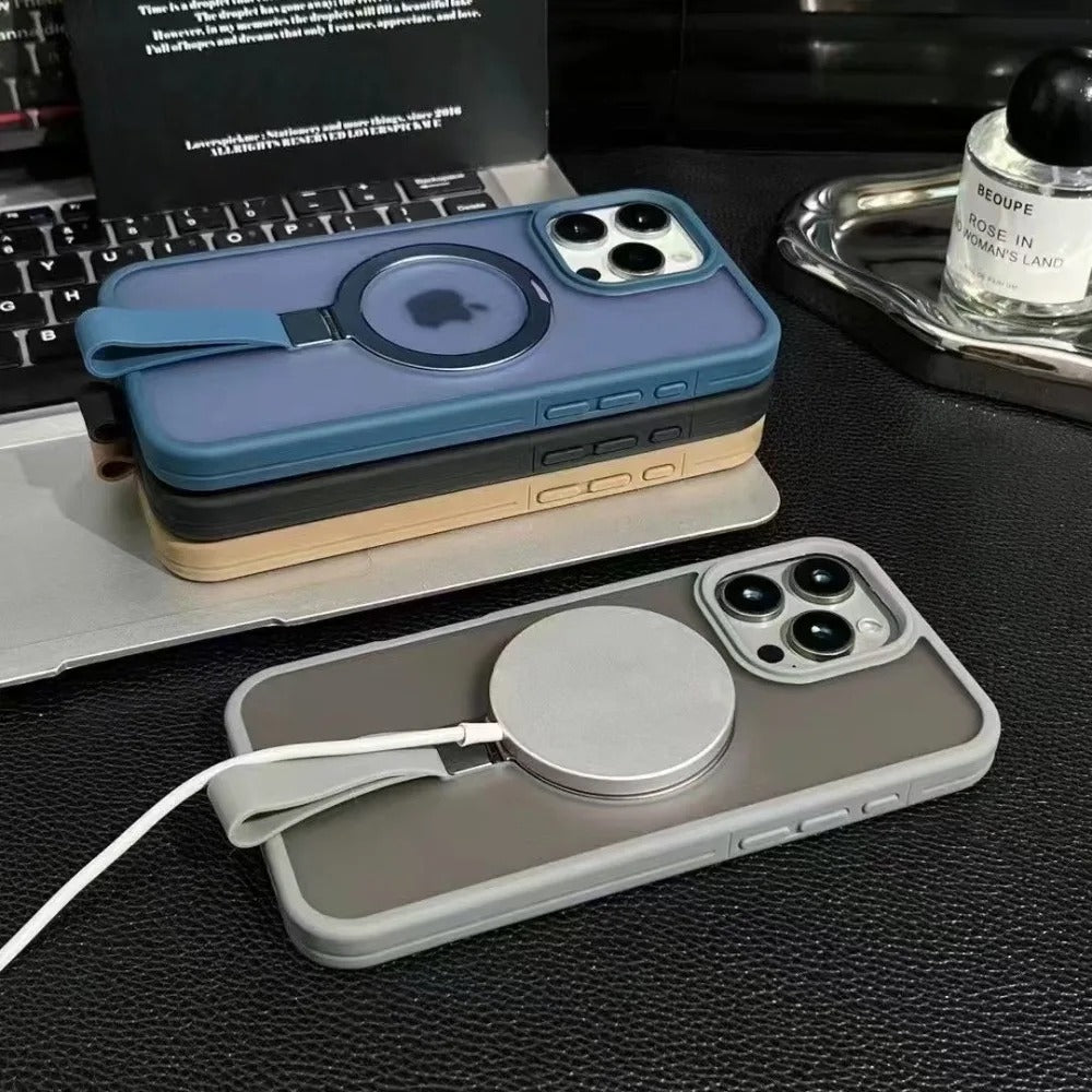 Luxury Magnetic iPhone Case with Strap and Stand — Matte Shockproof Cover, Non-Slip Grip, MagSafe Wireless Charging Ready, Textured Modern Design