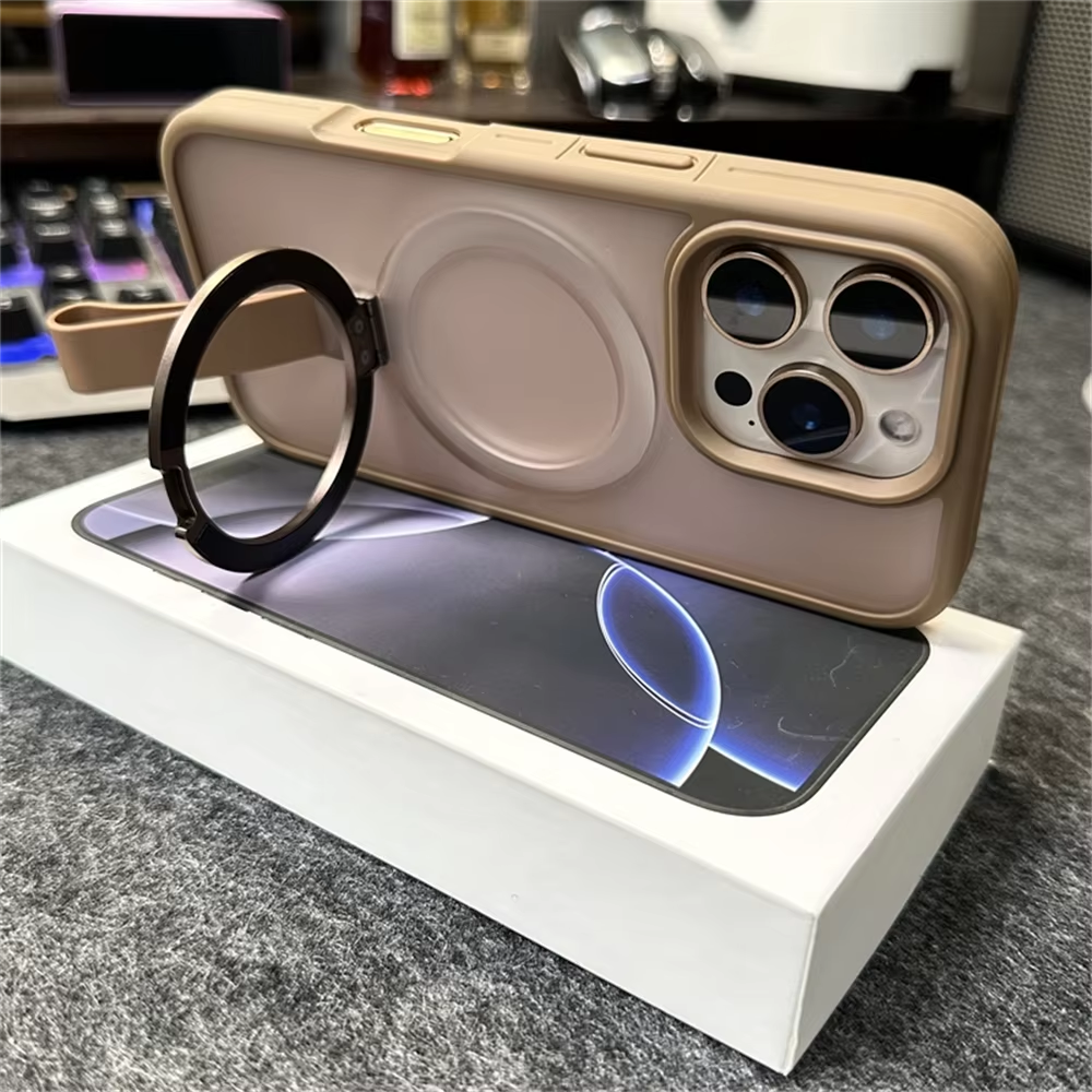 Luxury Magnetic iPhone Case with Strap and Stand — Matte Shockproof Cover, Non-Slip Grip, MagSafe Wireless Charging Ready, Textured Modern Design