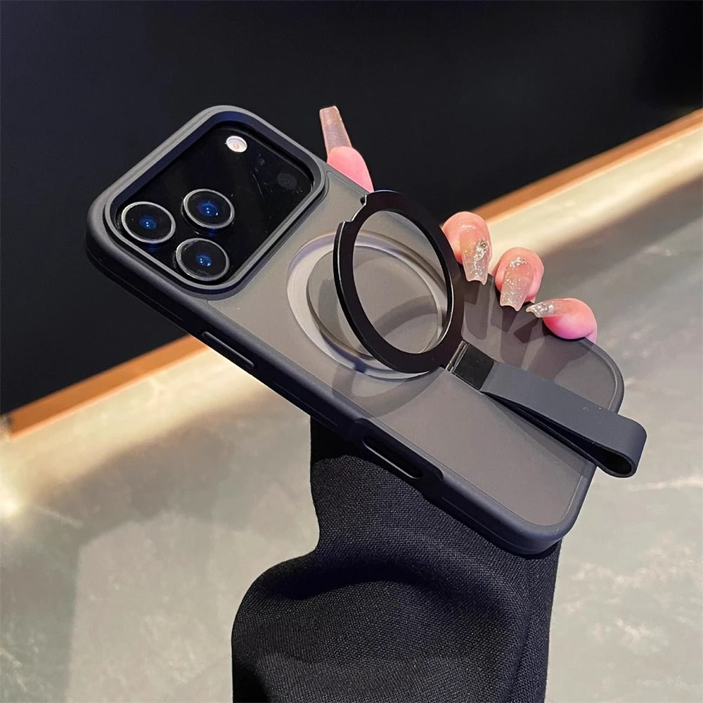 Luxury Magnetic iPhone Case with Strap and Stand — Matte Shockproof Cover, Non-Slip Grip, MagSafe Wireless Charging Ready, Textured Modern Design