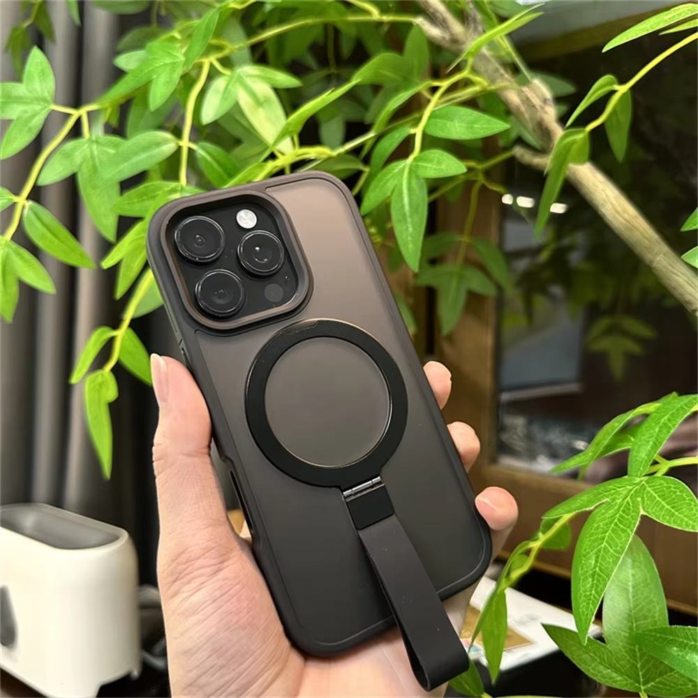 Luxury Magnetic iPhone Case with Strap and Stand — Matte Shockproof Cover, Non-Slip Grip, MagSafe Wireless Charging Ready, Textured Modern Design