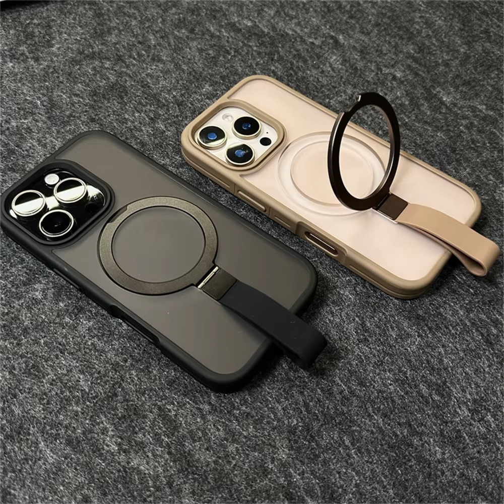 Luxury Magnetic iPhone Case with Strap and Stand — Matte Shockproof Cover, Non-Slip Grip, MagSafe Wireless Charging Ready, Textured Modern Design