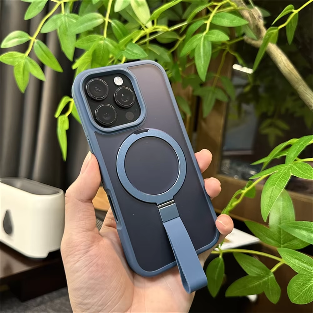 Luxury Magnetic iPhone Case with Strap and Stand — Matte Shockproof Cover, Non-Slip Grip, MagSafe Wireless Charging Ready, Textured Modern Design