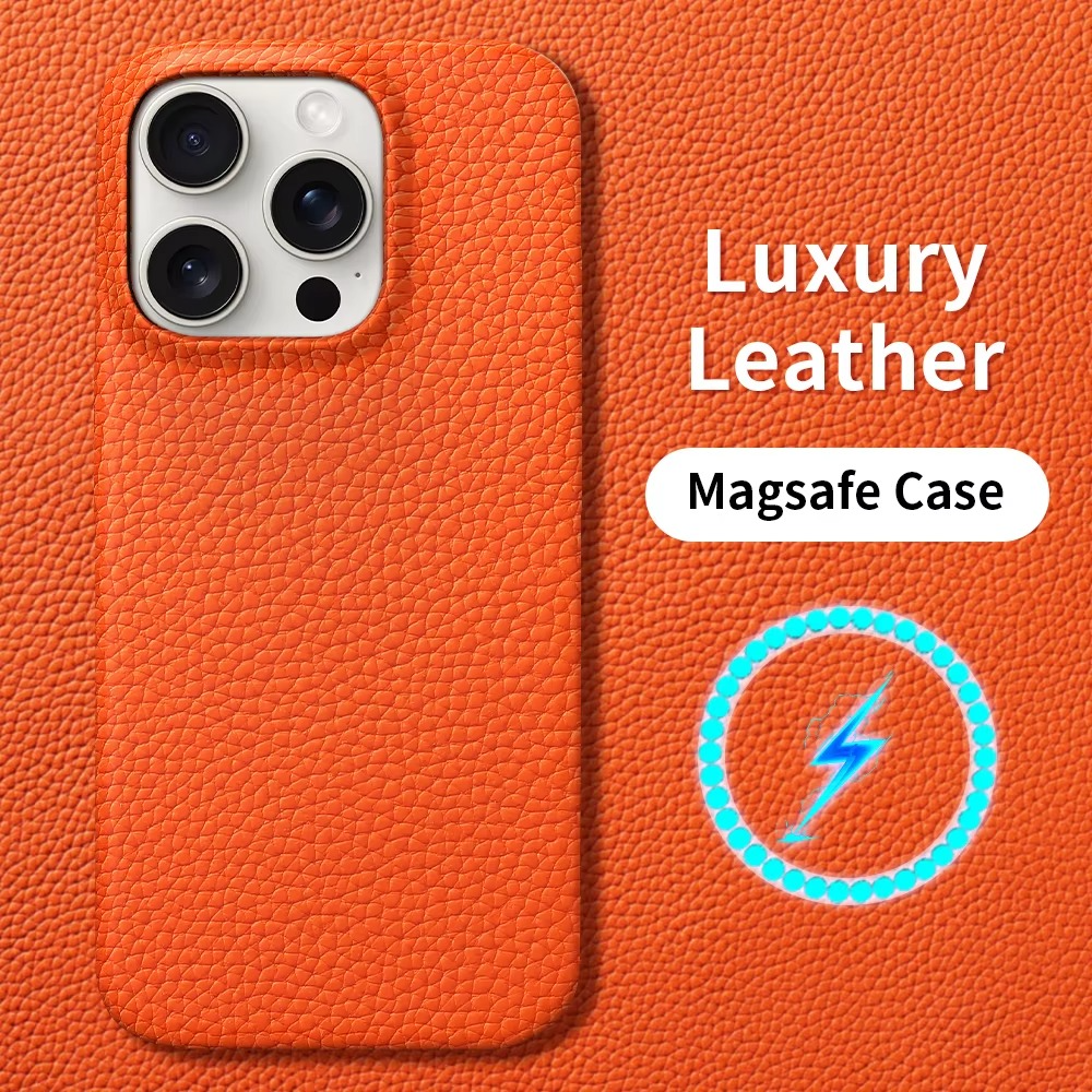 Luxury iPhone Case — MagSafe Magnetic Genuine Cowhide Lychee Leather Back Cover, Shockproof, Anti-Fingerprint, Dustproof, Full Protection