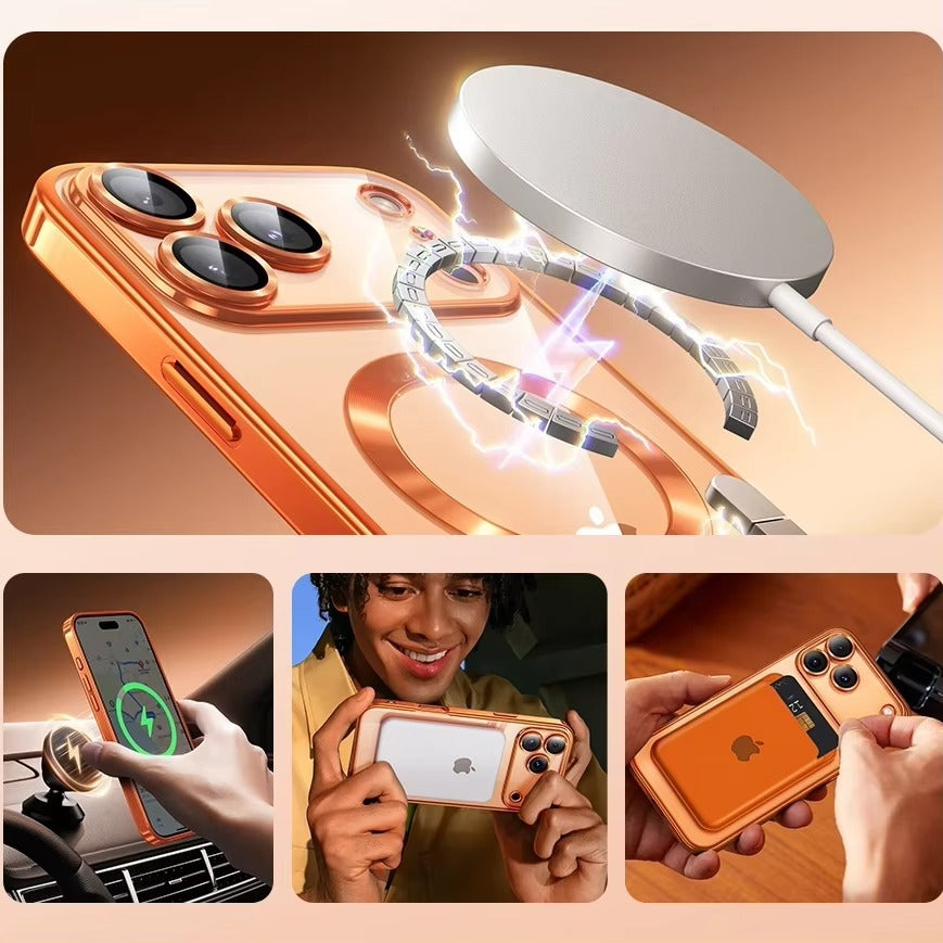 Luxury iPhone Case — MagSafe Transparent TPU Half-Wrapped Soft Plating Cover with Dust Plug, Shockproof, Anti-Fingerprint, Anti-Scratch Matte Finish