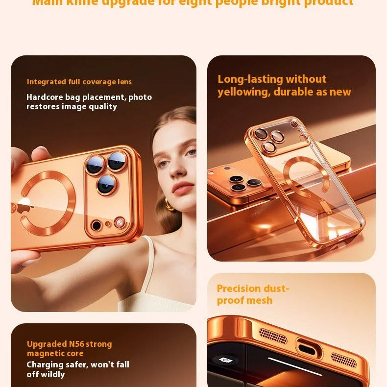 Luxury iPhone Case — MagSafe Transparent TPU Half-Wrapped Soft Plating Cover with Dust Plug, Shockproof, Anti-Fingerprint, Anti-Scratch Matte Finish