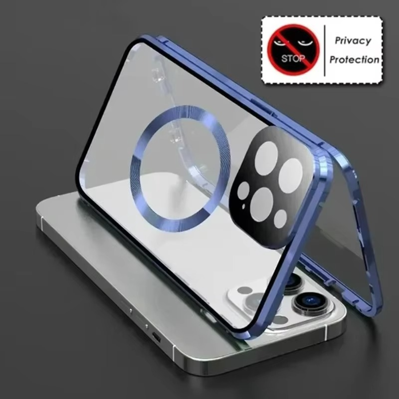 Luxury Metal Magnetic Privacy iPhone Case — 360° Shockproof Full Coverage, Anti-Scratch, Non-Slip, Lightweight Tempered Glass Cover