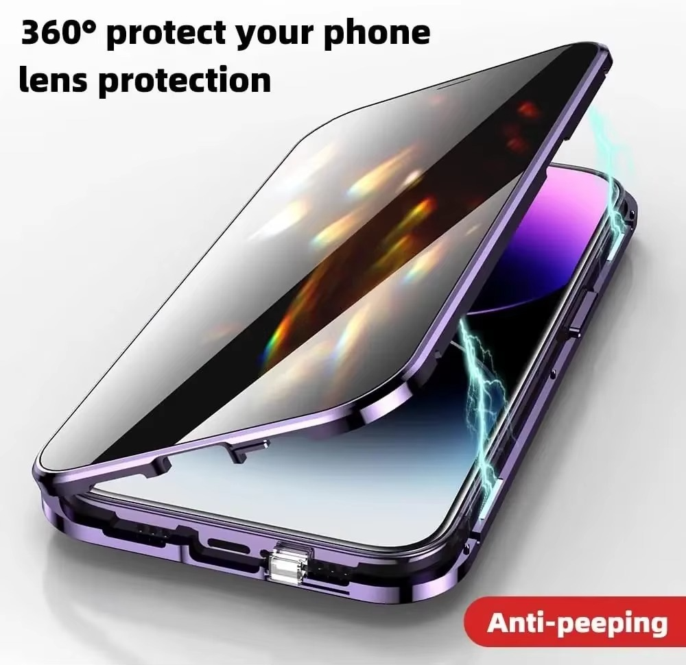 Luxury Metal Magnetic Privacy iPhone Case — 360° Shockproof Full Coverage, Anti-Scratch, Non-Slip, Lightweight Tempered Glass Cover