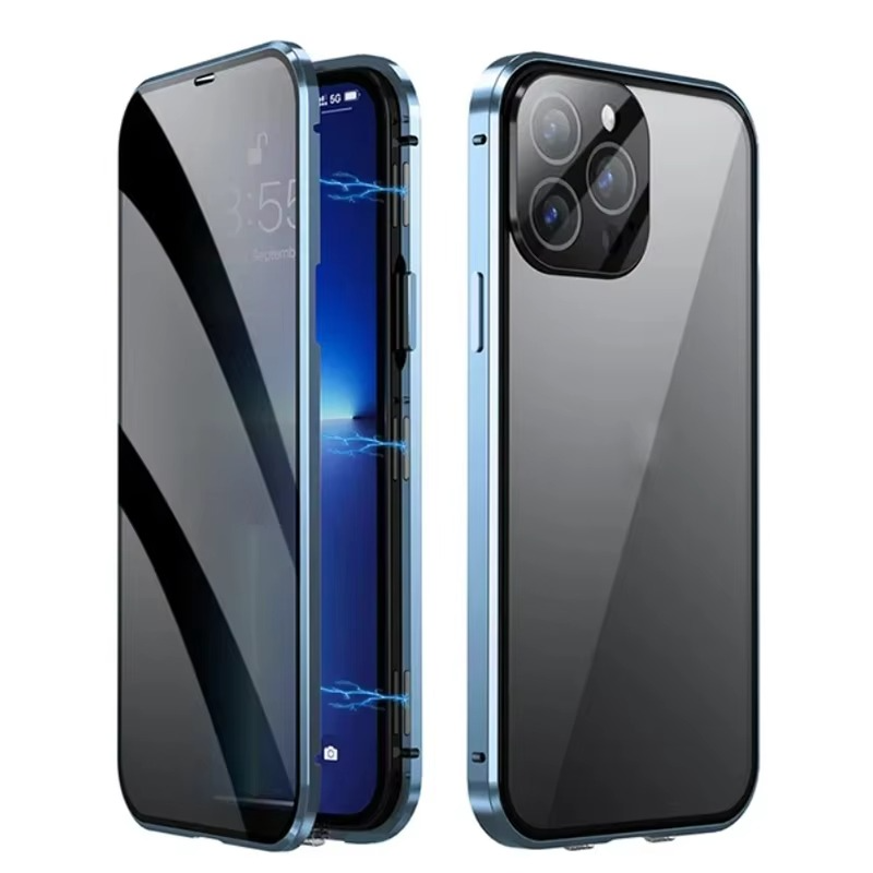 Luxury Metal Magnetic Privacy iPhone Case — 360° Shockproof Full Coverage, Anti-Scratch, Non-Slip, Lightweight Tempered Glass Cover